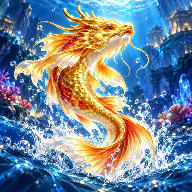 Golden fish in a luminous underwater arcade scene